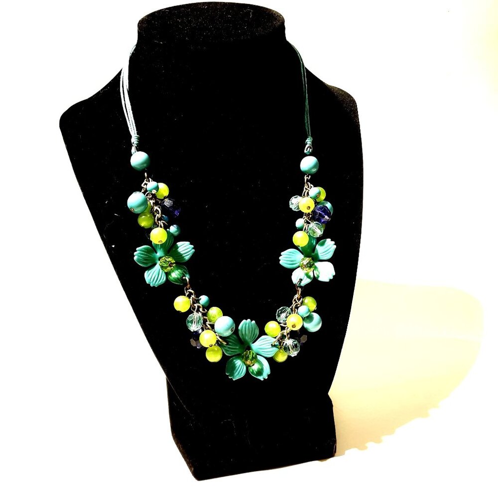 Beaded Necklace Leather Flowers Aqua Blue Green Boho Festival Nature